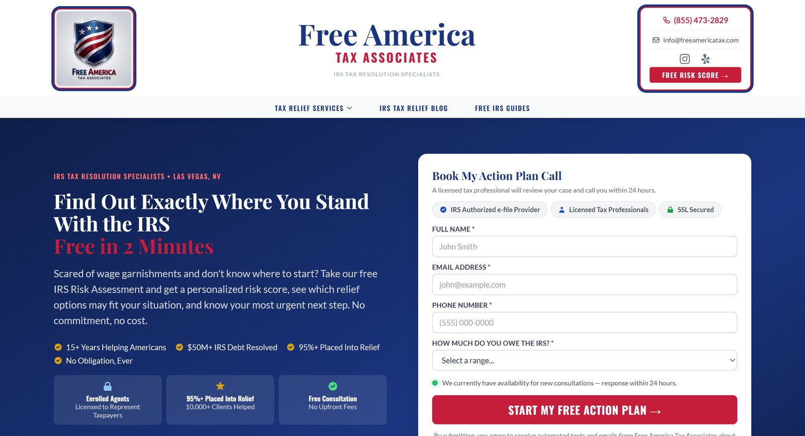 The Free America Tax homepage Webbynd built, with a free IRS risk score quiz and a booking form