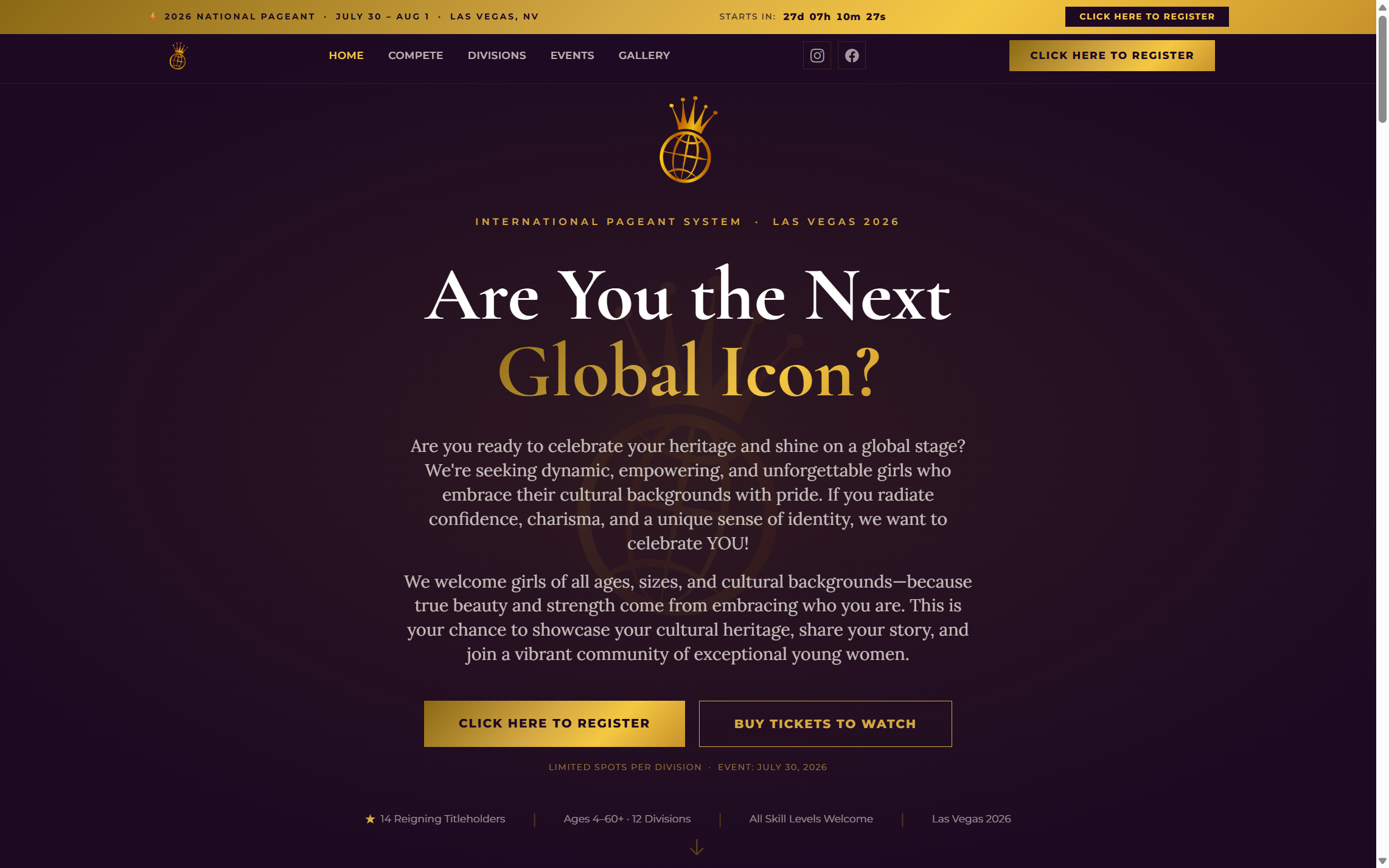 Global Icon Pageants website after the Webbynd rebuild